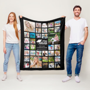 Graduate Modern Photo Collage Name School Black Fleece Blanket