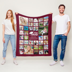 Graduate Modern Photo Collage Name School Maroon Fleece Blanket