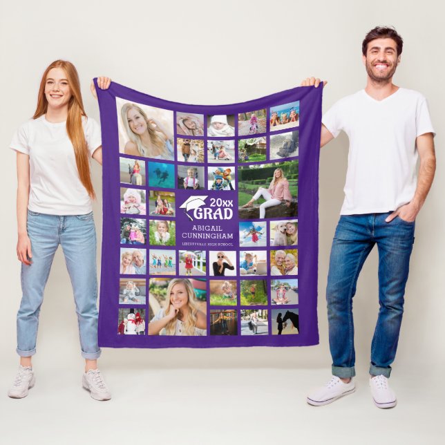 Graduate Modern Photo Collage Name School Purple Fleece Blanket (In Situ)