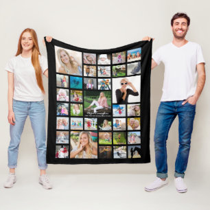 Graduate Modern Photo Collage Script Name Black Fleece Blanket