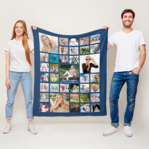 Graduate Modern Photo Collage Script Name Blue Fleece Blanket