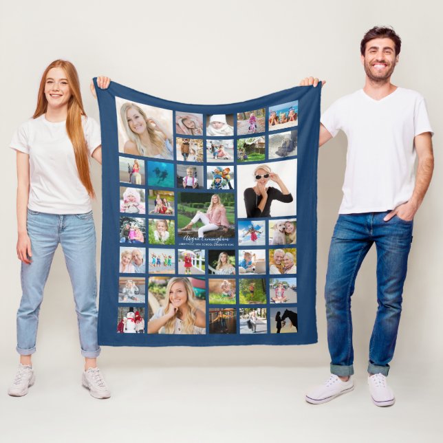 Graduate Modern Photo Collage Script Name Blue Fleece Blanket (In Situ)