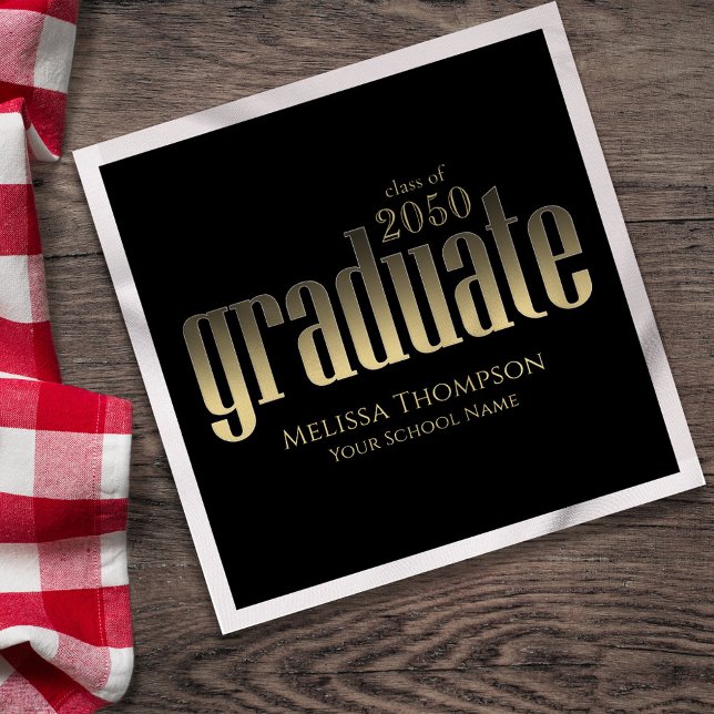 Graduate Modern Simple Gold Minimalist Black Napkin (Gold Graduation Cocktail napkin)