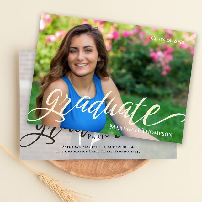 Graduate Modern Simple Photo Template Script (Modern simple graduation photo card with elegant script, perfect for announcements and keepsakes.)