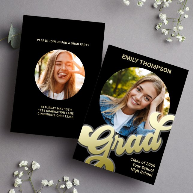 Graduate Modern Stylish Photo Gold Calligraphy Invitation (Graduation gold typography circle photo invitation template.)