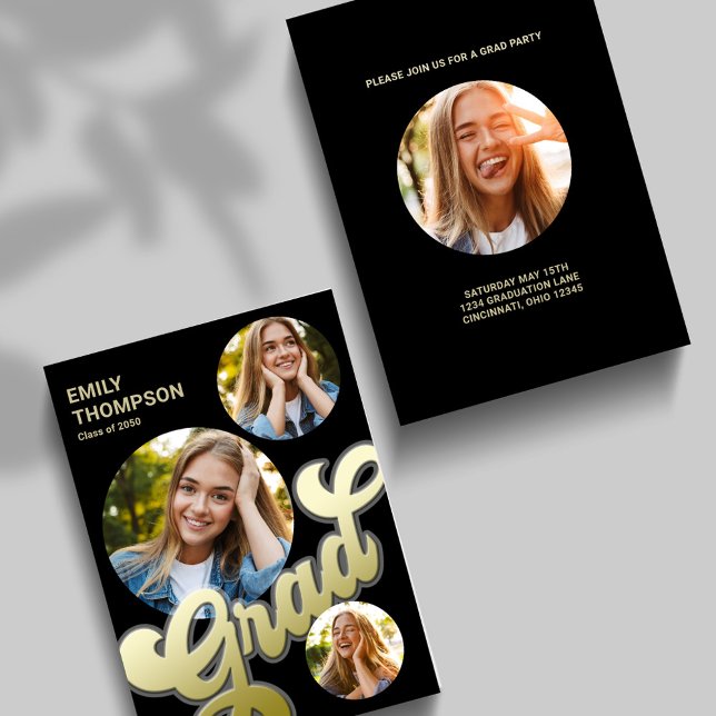 Graduate Modern Stylish Retro Gold Photo Collage Invitation (Grad graduate gold typography photo card template. with a four-photo template. )
