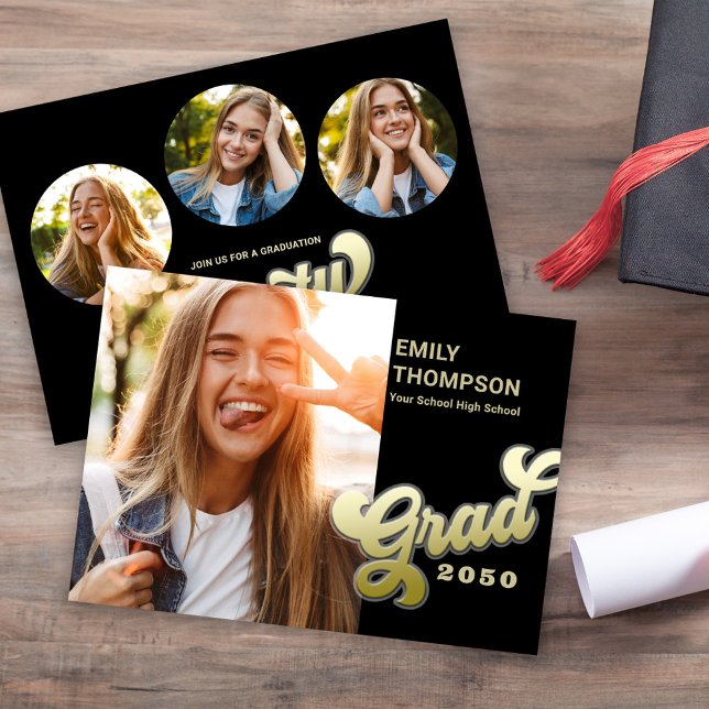 Graduate Modern Stylish Retro Gold Photo Collage Invitation (Graduation Gold "grad" Retro typography script modern black and gold.)