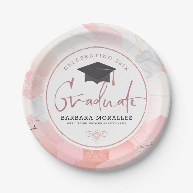 Graduate modern typography girly geometric marble paper plate (Front)