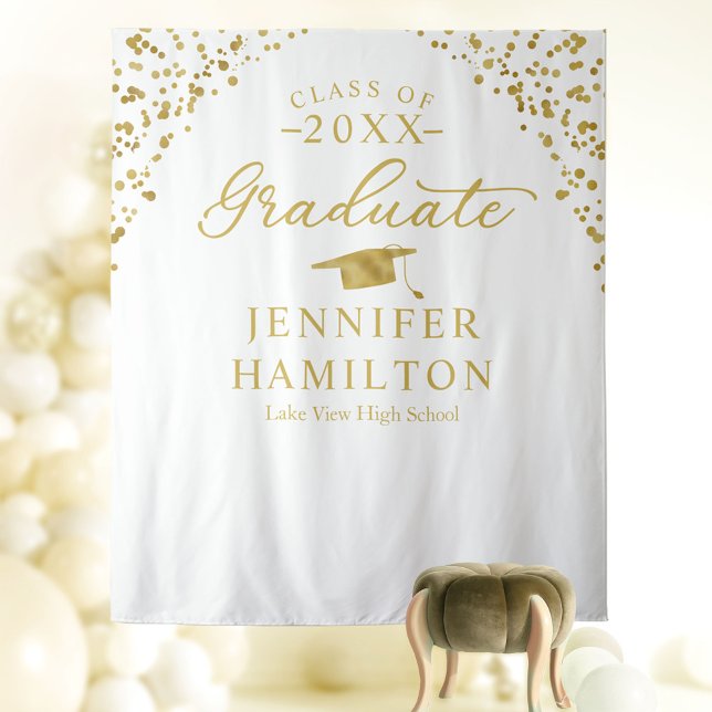 Graduate Modern White Gold Graduation Backdrop  Tapestry (Creator Uploaded)