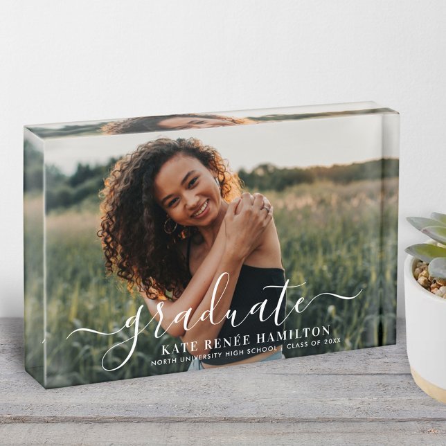 Graduate Modern White Script Graduation Photo Block (Creator Uploaded)
