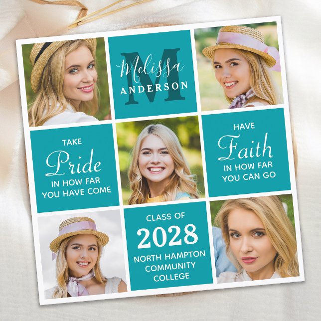 Graduate Monogram 5 Photo Collage Teal Graduation Invitation (Creator Uploaded)