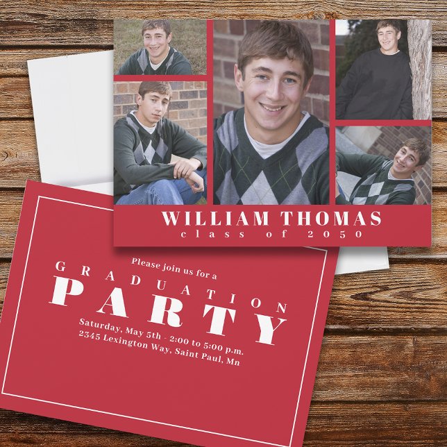 Graduate Multi Photo Collage Simple Cardinal Red  Invitation (Creator Uploaded)