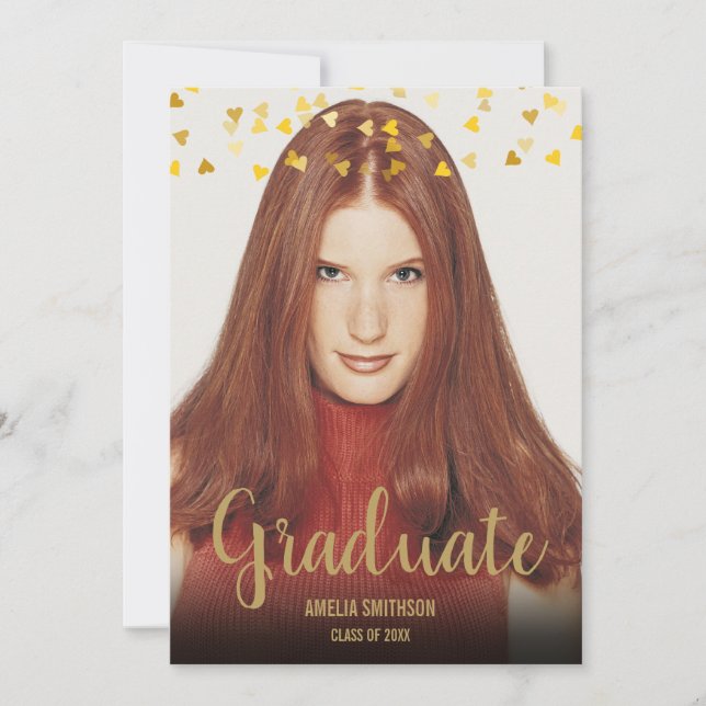 Graduate Name and Photo Personalised Gold Hearts Invitation (Front)