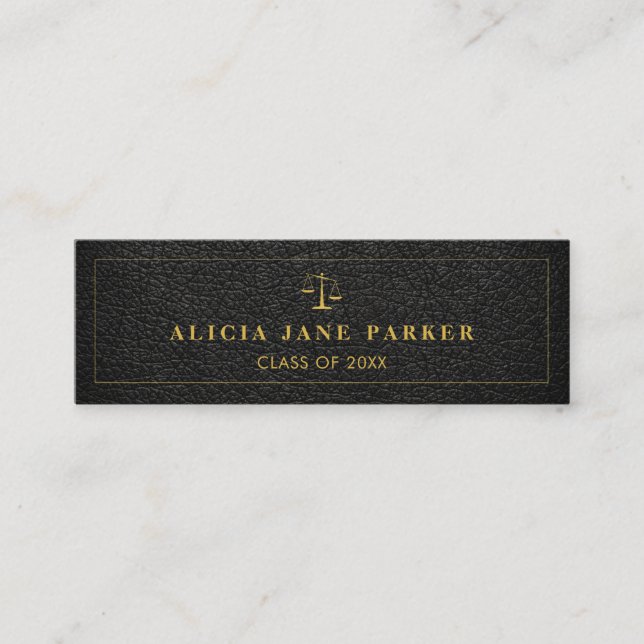 Graduate name black gold law school graduation mini business card (Front)