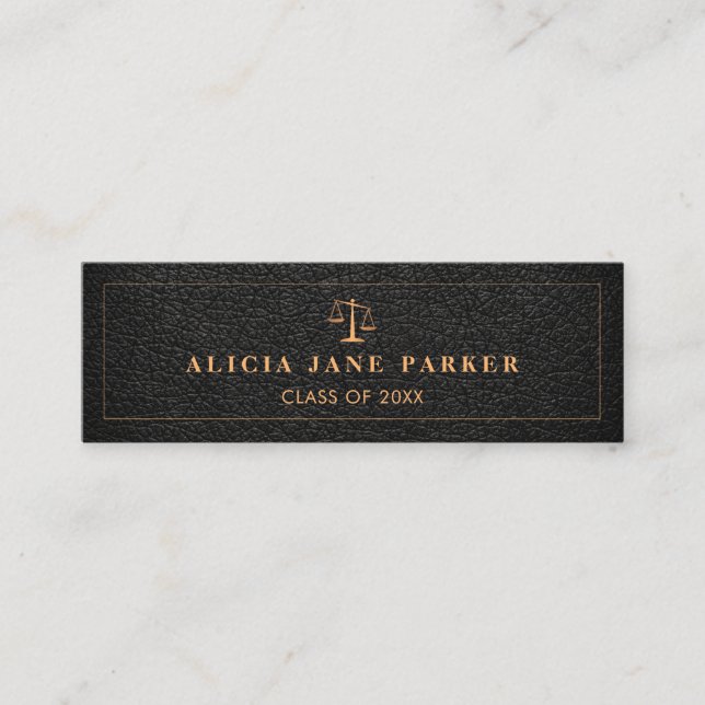 Graduate name black gold law school graduation mini business card (Front)