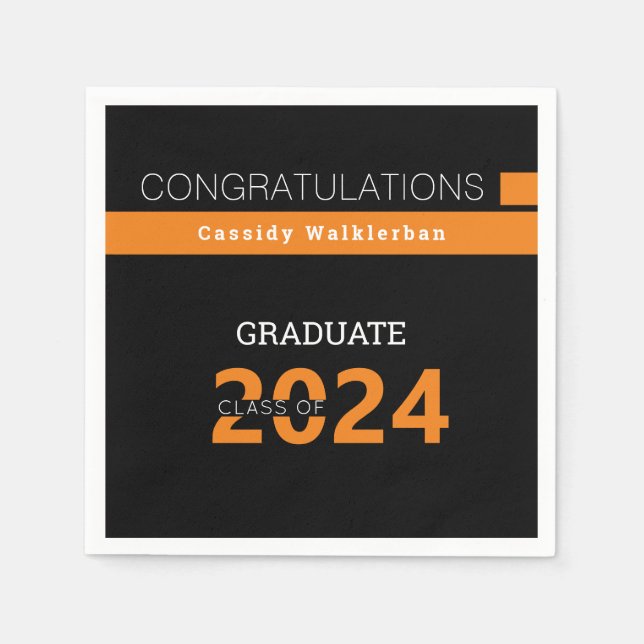 Graduate Name Black Orange Graduation Napkin (Front)