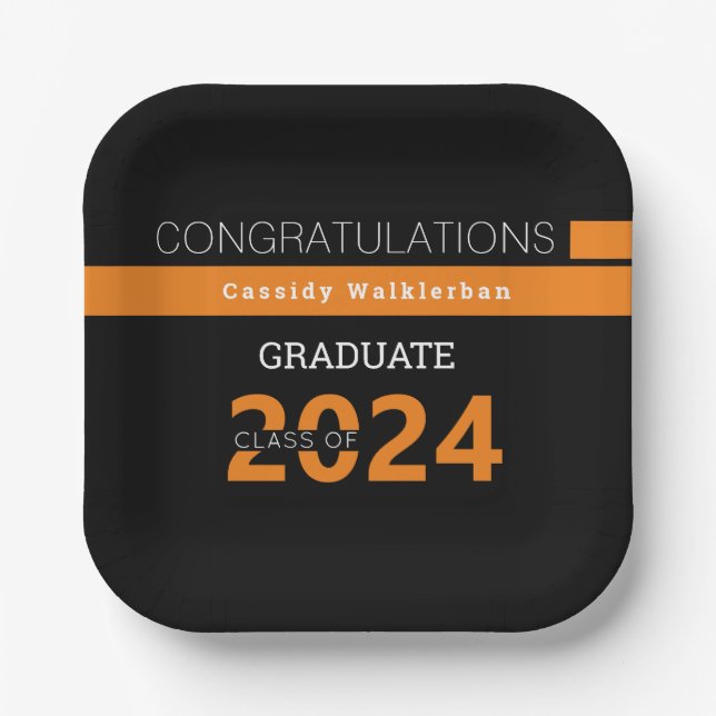Graduate Name Black Orange Graduation  Paper Plate (Front)