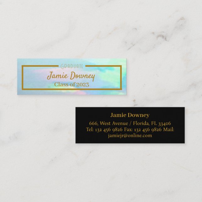 Graduate Name Card | Black, Opal & Gold | Modern (Front/Back)