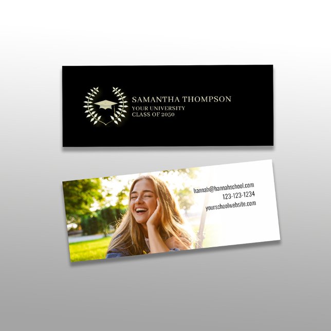 Graduate Name Card Photo Gold Elegant Classic (A classic traditional laurel leaves, and mortarboard. With photo template.  )
