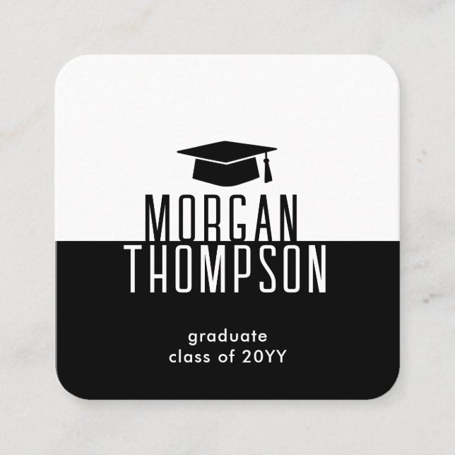 Graduate Name Contact Info Black White Graduation Square Business Card (Front)