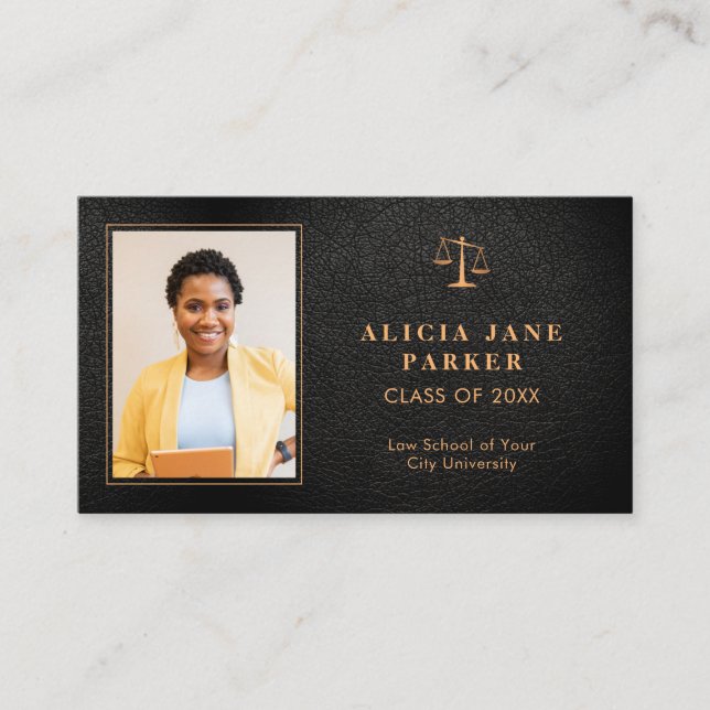 Graduate name law school graduation photo business card (Front)