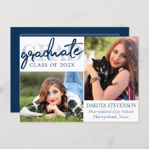Graduate Navy Script   Dark Blue 2 Photo Keepsake Invitation