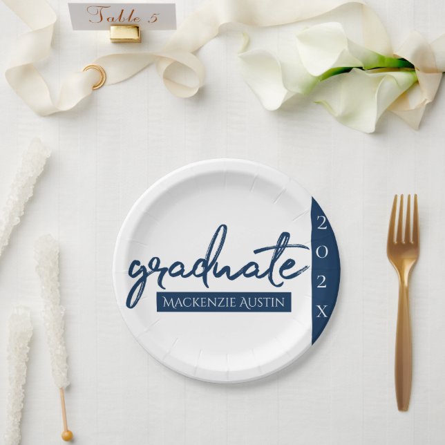Graduate Navy Script | Dark Blue Brush Keepsake Paper Plate (Wedding)