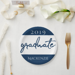 Graduate Navy Script   Dark Blue Brush Keepsake Paper Plate