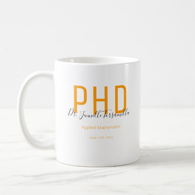 Graduate Orange Black Date Name Degree PhD Coffee Mug (Left)