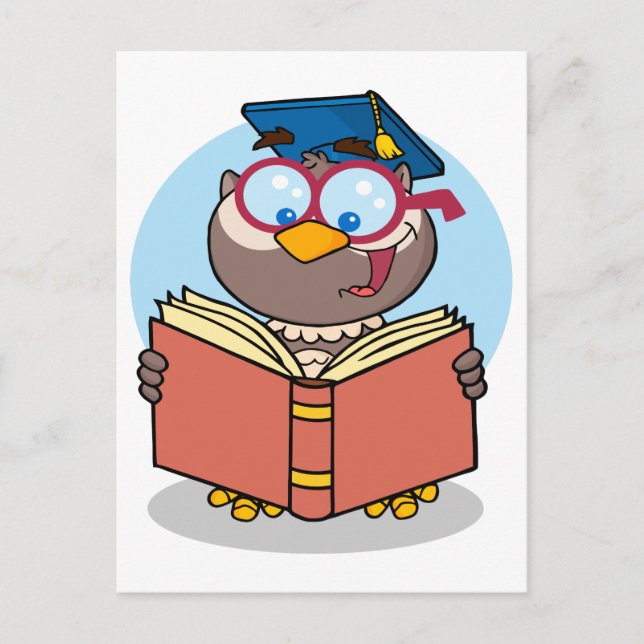 graduate owl reading a book cartoon announcement postcard (Front)