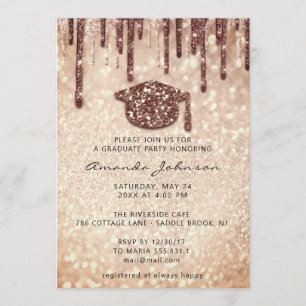 Graduate Party  Cap Drips Rose 3D Glitter Student Invitation