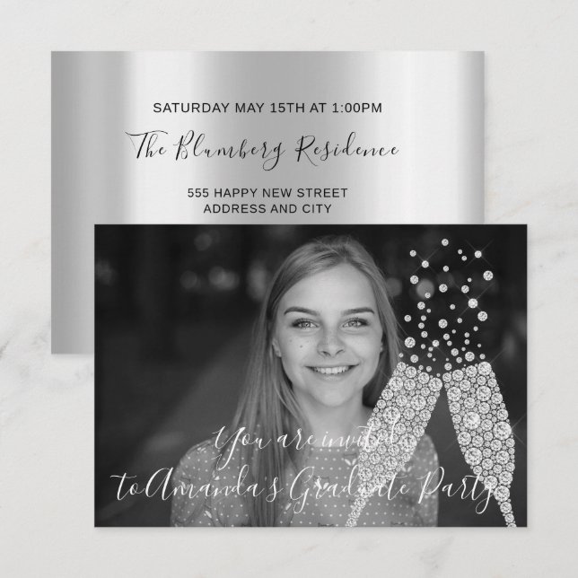 Graduate Party Champaigne Glass Bubbles Photo Grey Invitation (Front/Back)