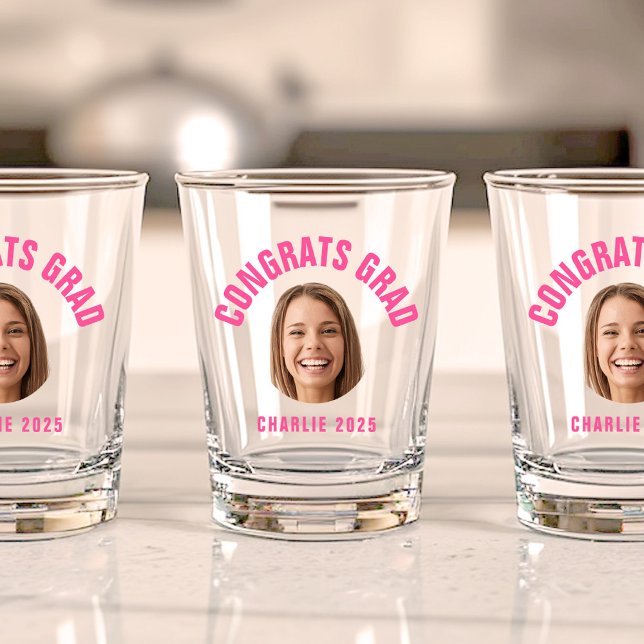 Graduate Party CUSTOM TEXT Photo Graduation Shot Glass (Three shot glasses feature a smiling face with "Congrats Grad" in pink above and "Charlie 2025" )