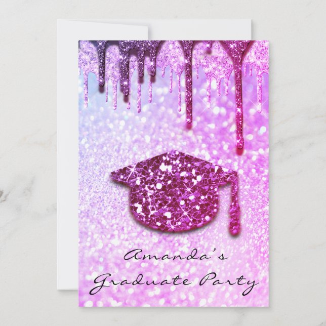 Graduate Party  Drip Cap 3D Holograph Glitter Pink Invitation (Back)