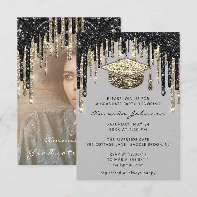 Graduate Party Drips Cap Glitter Photo Faux Gold   Invitation (Front/Back)