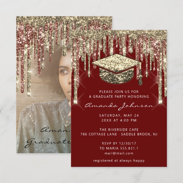 Graduate Party Drips Glitter Photo Burgundy Gold  Invitation (Front/Back)
