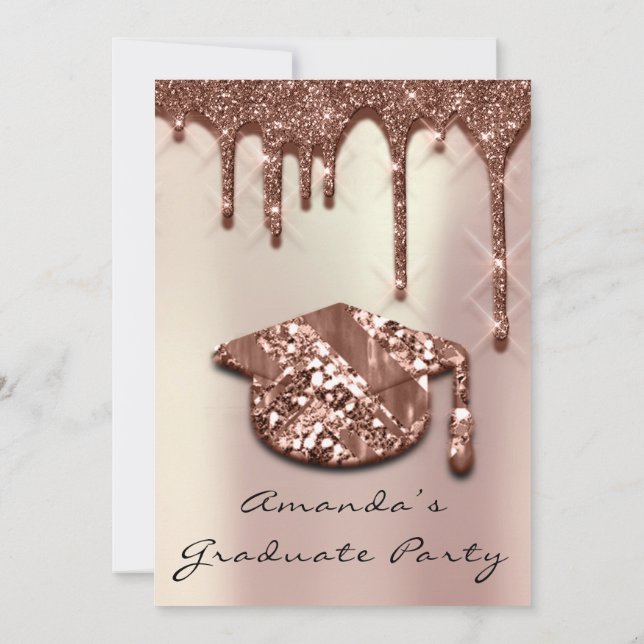 Graduate Party Drips Rose Blue Cap 3D Effect Pearl Invitation (Back)