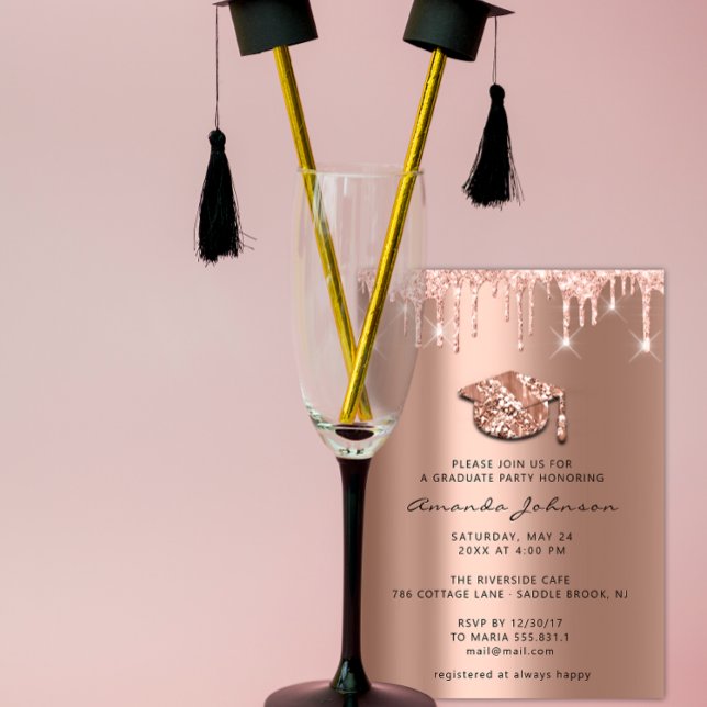 Graduate Party Drips Rose Gold Cap 3D Blush Invitation (Creator Uploaded)
