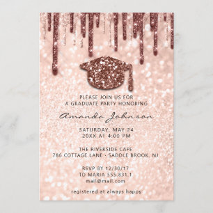 Graduate Party Drips Rose Gold Cap 3D Glitter Invitation