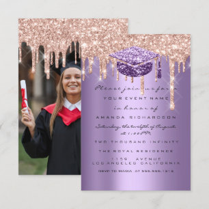 Graduate Party Glitter Drips Purple Rose Photo Invitation