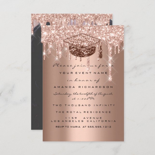 Graduate Party Glitter Drips Rose Photo Student Invitation (Front/Back)
