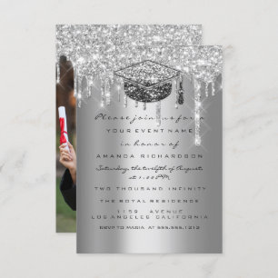 Graduate Party Glitter Silver Grey Drip Gold Photo Invitation