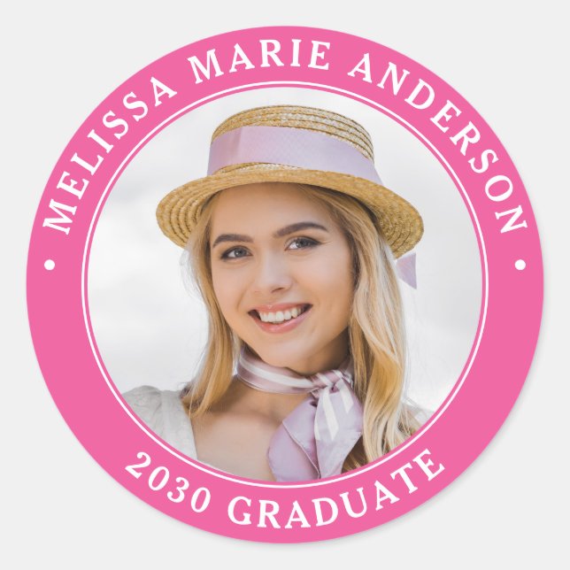 Graduate Personalised Photo Year Pink Graduation Classic Round Sticker (Front)