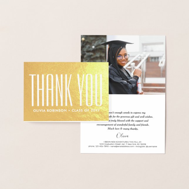Graduate Photo & Address Modern Elegant Thank You Foil Card (Display)