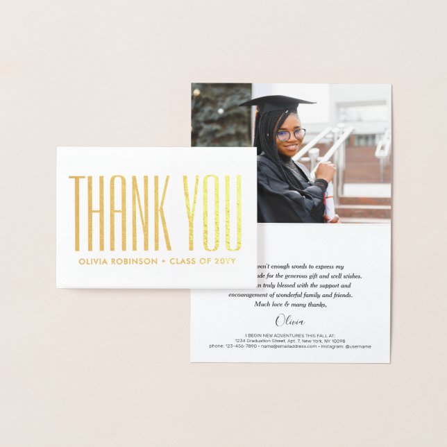 Graduate Photo & Address Modern Minimal Thank You Foil Card (Display)