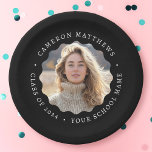 Graduate photo black wavy border graduation paper plate<br><div class="desc">Graduation paper plates featuring your photo inside a wavy frame border and your custom text around the photo. White text on black or custom colour background.</div>