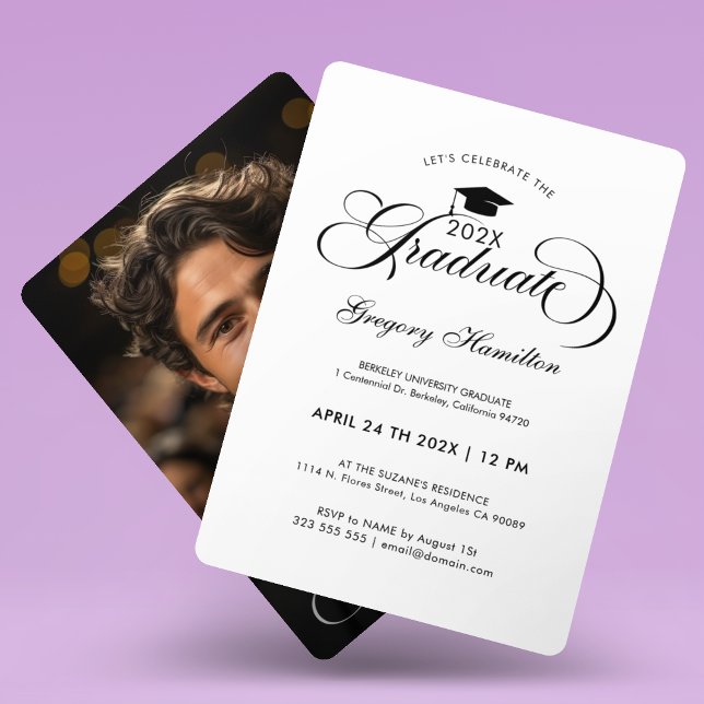 Graduate Photo Black White Script Typography Invitation (Creator Uploaded)