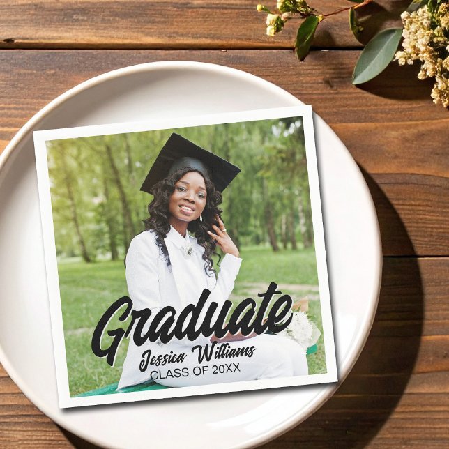 Graduate Photo Bold Black Script Graduation Party Napkin (Creator Uploaded)