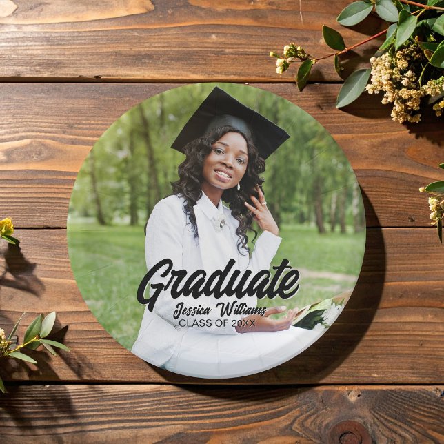 Graduate Photo Bold Black Script Graduation Party Paper Plate (Creator Uploaded)