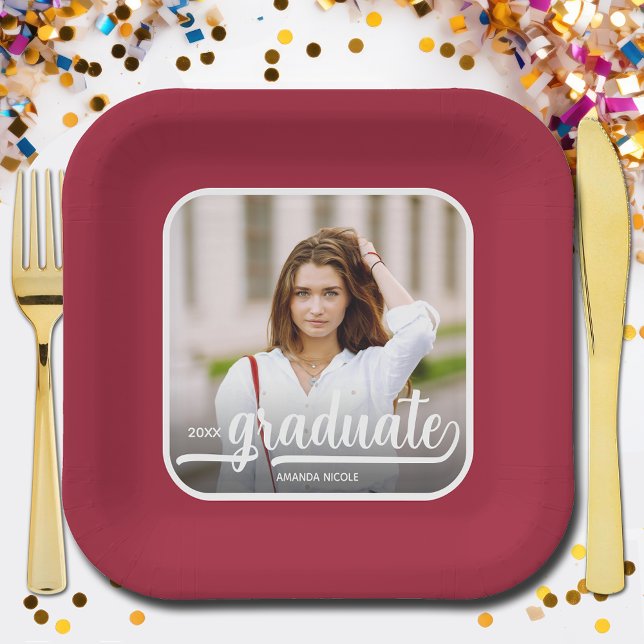 Graduate Photo Bold Script Crimson Graduation Paper Plate (Photo Crimson Red Graduation Square Paper Plates)
